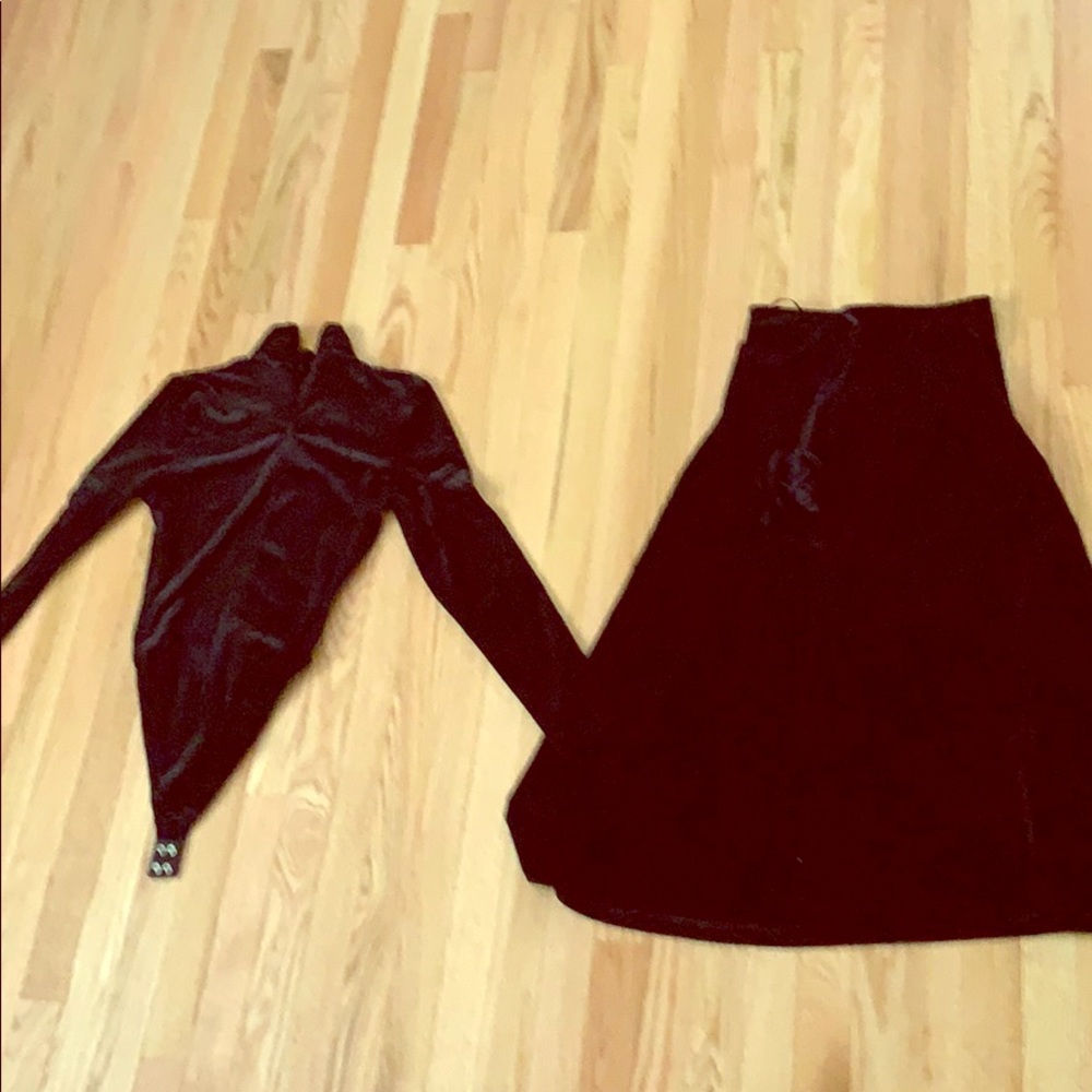 Velvet black turtle neck body suit with skirt